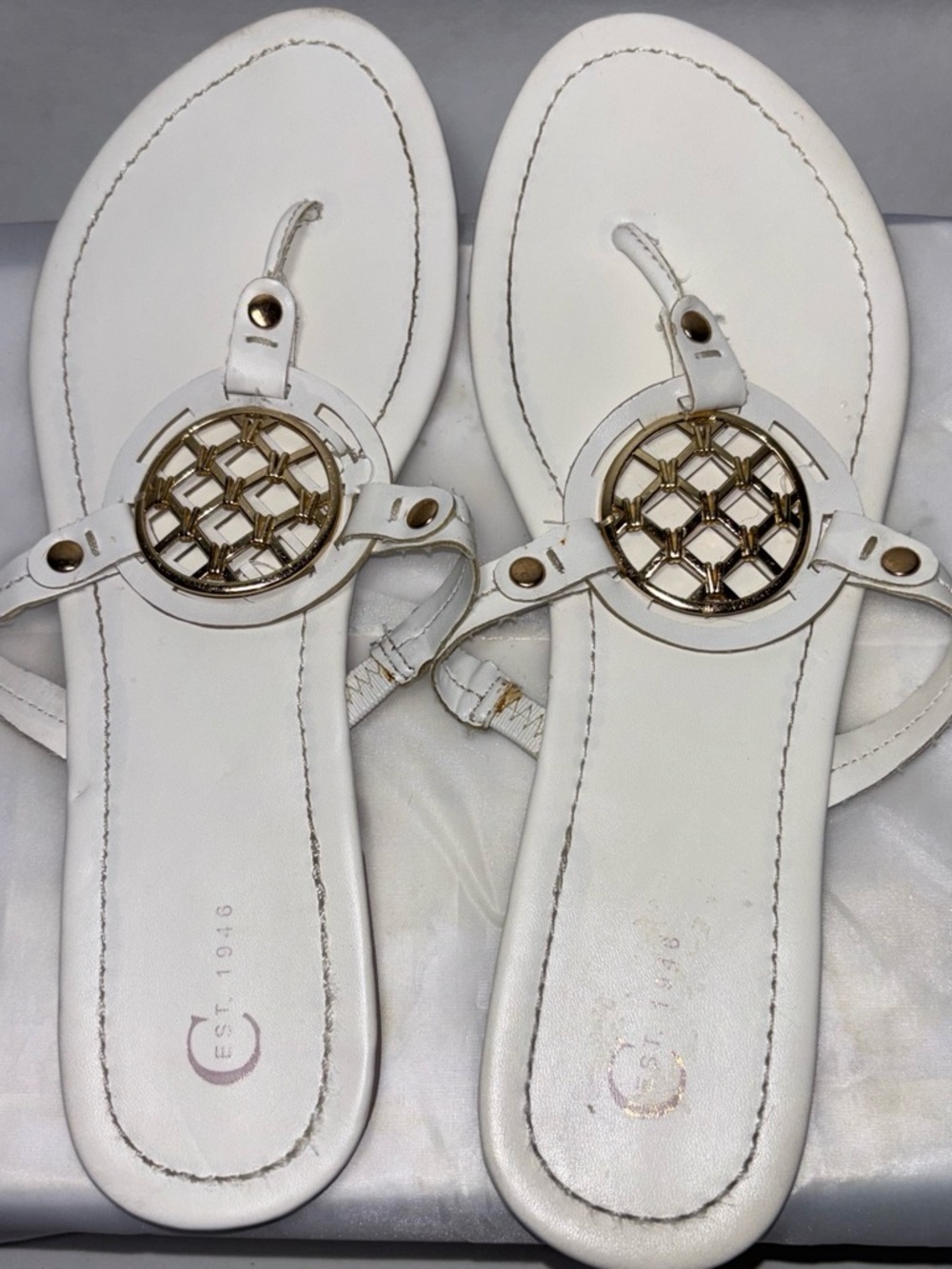 C is For Comfort Est 1946 Leather Thong Sandals with Gold Medallion